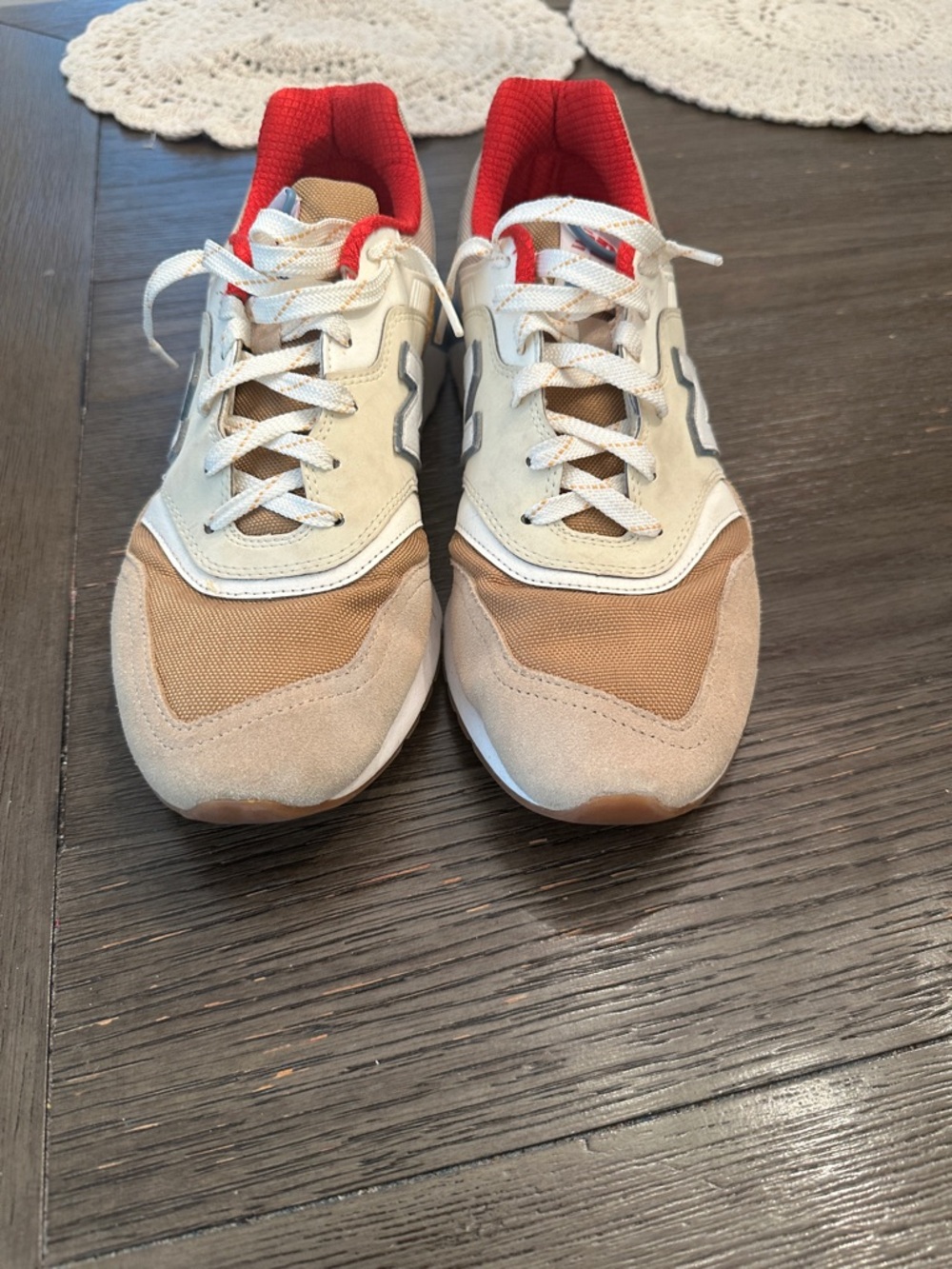 New Balance Men's Sneakers in Tan, Beige & Red Accent